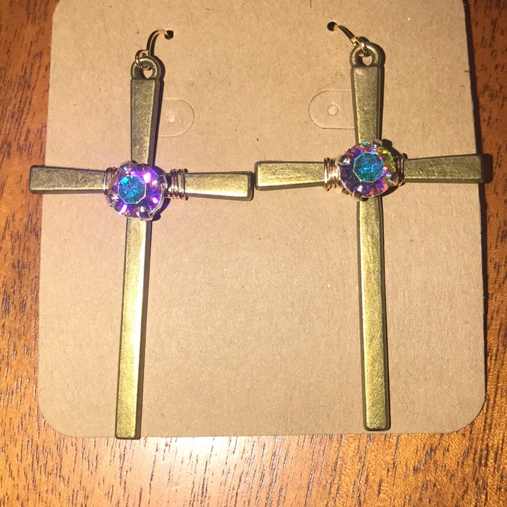 Antique gold cross earrings with crystal